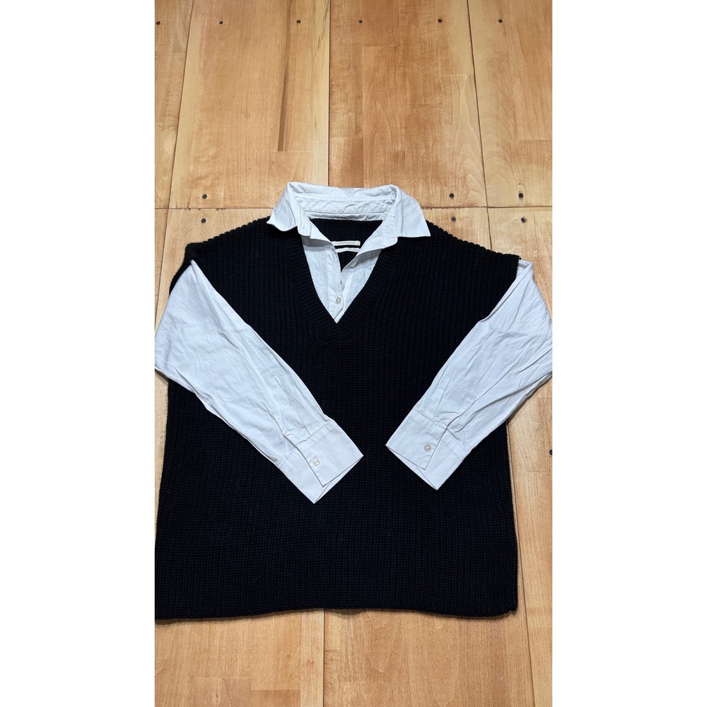 Anthropologie Mixed Media Sweater Vest Layered Shirt Black White Small OB1377487